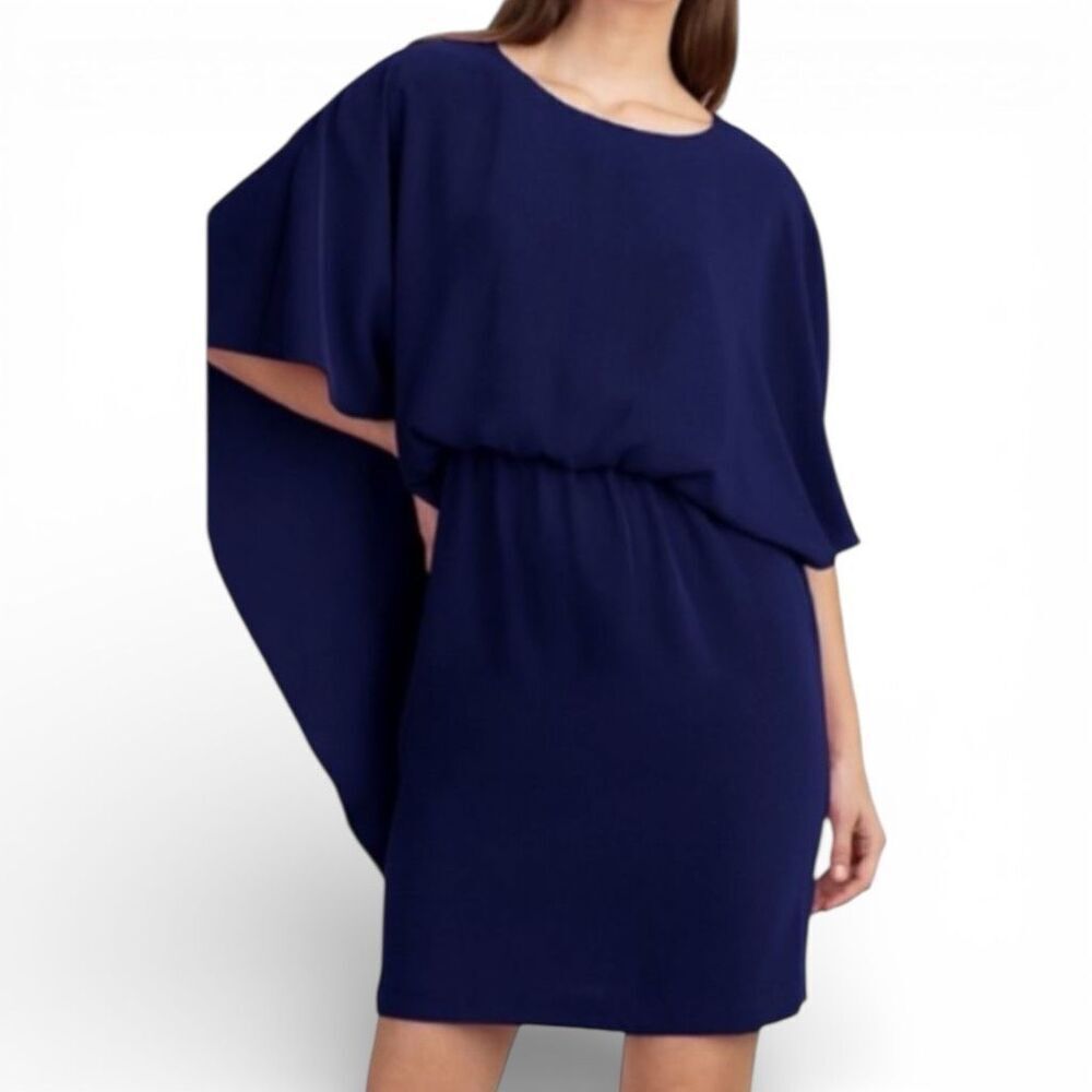 Trina Turk Navy Crystal Studded Belt Daiquiri Cape Sleeve Blouson Dress Size Lar
